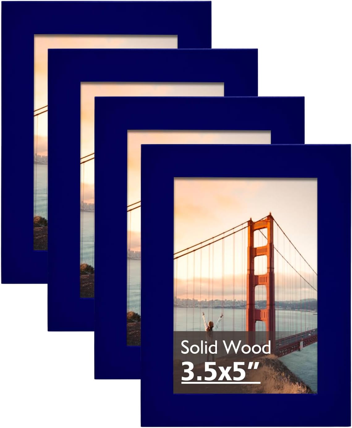 KINLINK 3.5x5 Picture Frames Navy, Solid Wood Frames with Plexiglass for Table Top and Wall Mounting, Photo Frames for Horizontal or Vertical Display, 4 Pack