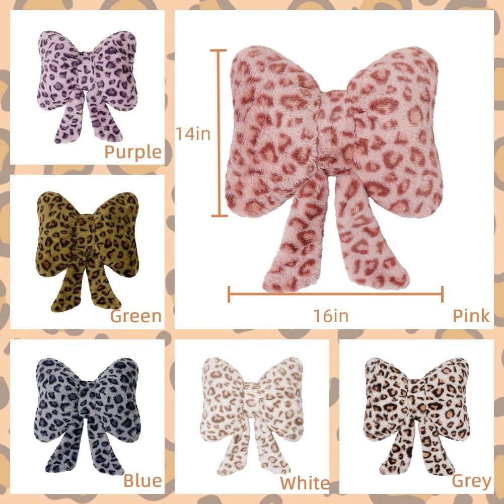 Leopard Print Bow Throw Pillows Cute Plush Pillow Stuffed Bow Backrest Cushion Home & Car Decoration