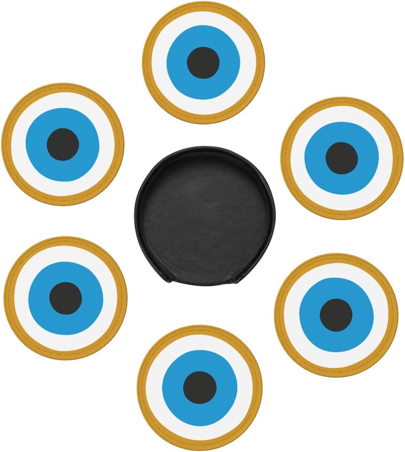 Evil Eye Themed Leather Drink Coasters Set of 6 with Holder Round Cup Coaster for Table Decor