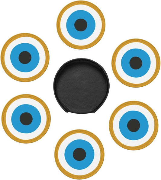 Evil Eye Themed Leather Drink Coasters Set of 6 with Holder Round Cup Coaster for Table Decor