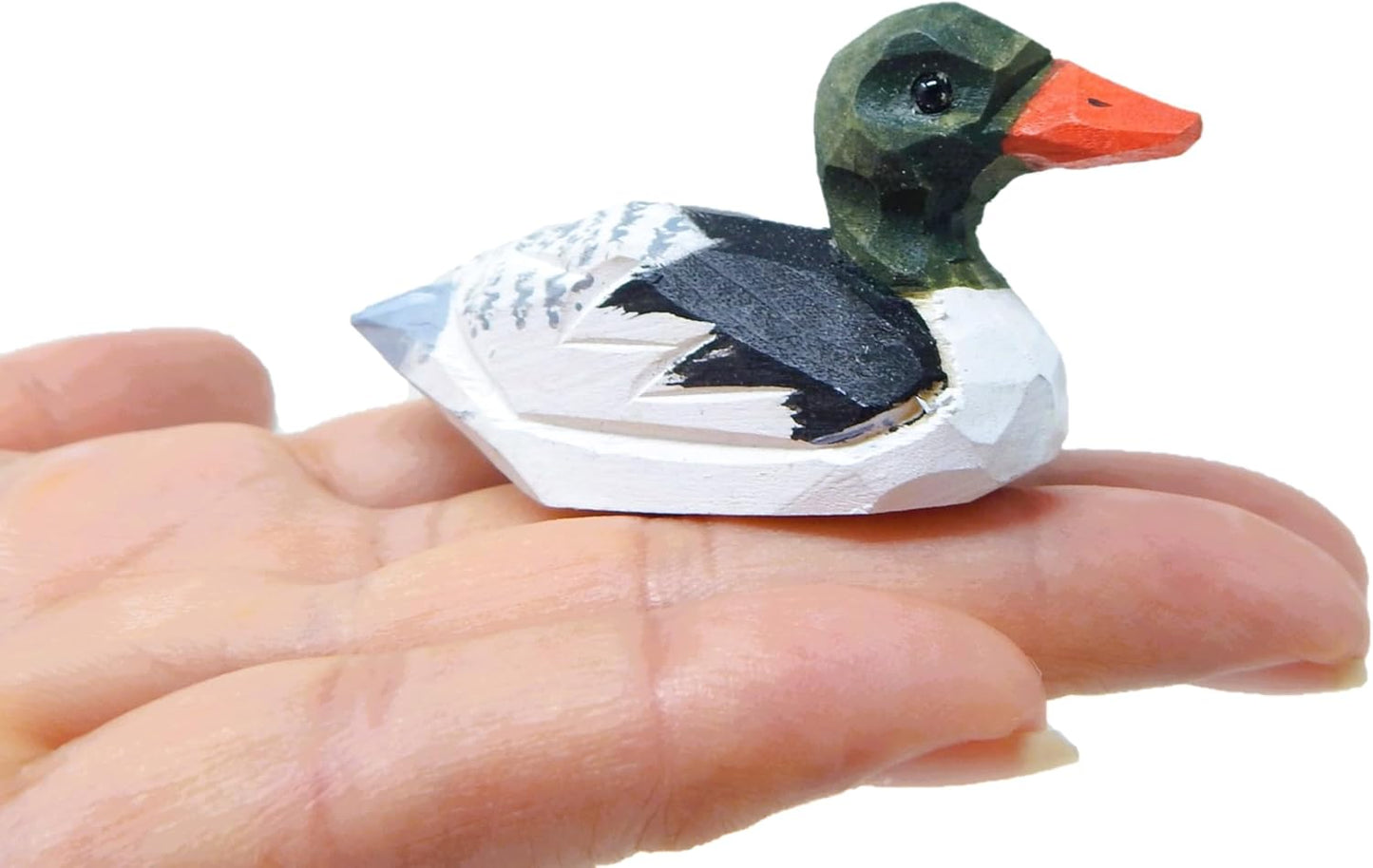 Merganser Duck Hand-Carved Wooden Figurine - Miniature Wooden Bird Sculpture, Small Animal Collectible Decoy Sculpture. Nature-Inspired Decor & Collectible Gift