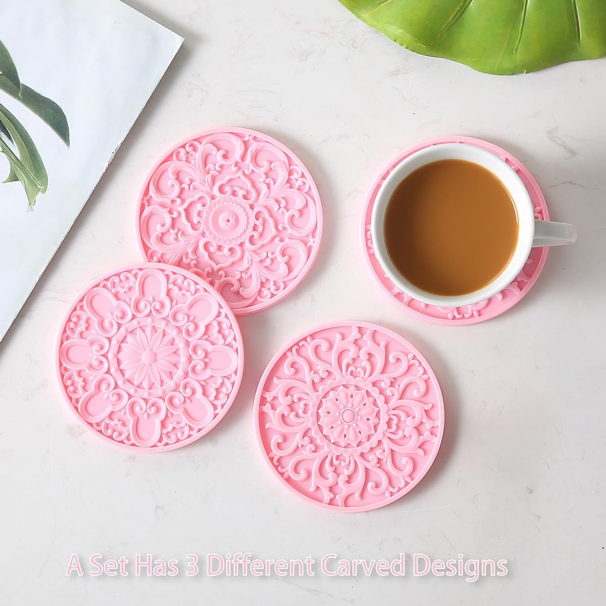 Colinda Silicone Coasters - Set of 6 with Holder, Non-Slip Cup Mats for Hot and Cold Drinks, Decorative Designs, Gift Ready Packaging, Pink