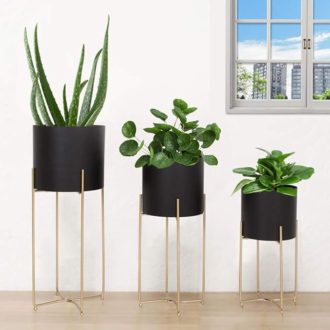 Sinolodo Mid Century Planter with Gold Plant Stand, 3 pcs Modern Planters for Indoor Plants, Metal Floor Planter Set with Foldable Stand(Pack of 3)
