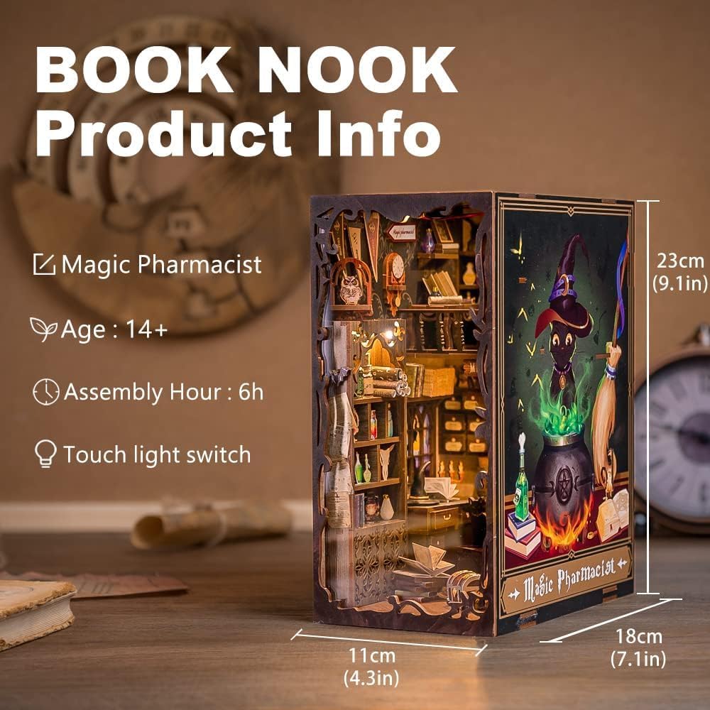 Cutefun DIY Book Nook Kit Birthday Gift for Adults, Teens, Family, DIY Miniature House Booknook Kit Bookshelf Decor 3D Wooden Puzzles for Adults, Tiny Home Model with LED Light (Magic Pharmacist)