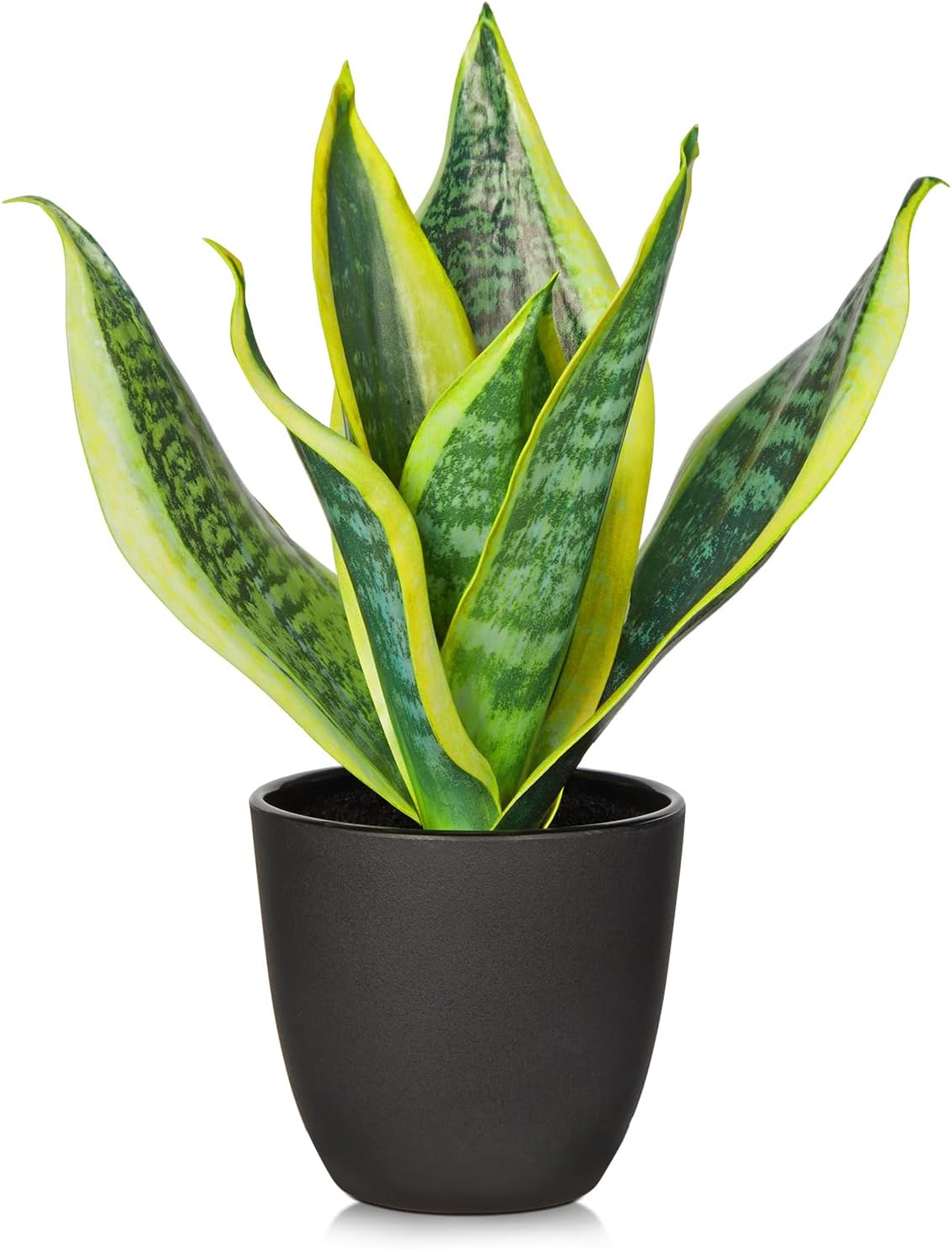 Fake Plant 11.22 Inch Fake Snake Plant Artificial Plants Indoor Sansevieria Faux Plants with Black Pot Artificial Snake Plant for Living Room Bathroom Office Table Centerpieces Shelf Home Decor