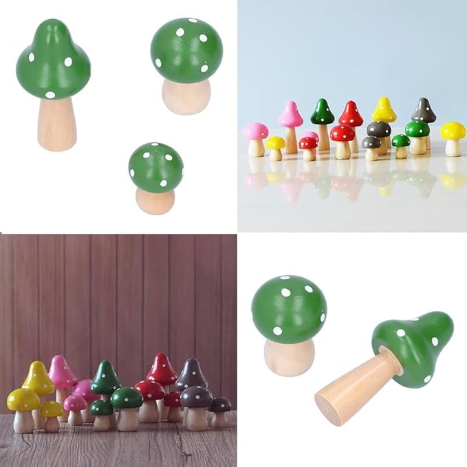 3Pcs Mushroom Decor Wooden Mini Figures Fairy Garden Accessories 2.9in 1.8in 1.2in Cute Miniature Mushrooms Home Decor for Bedroom Office Bonsai Fairy Garden Green