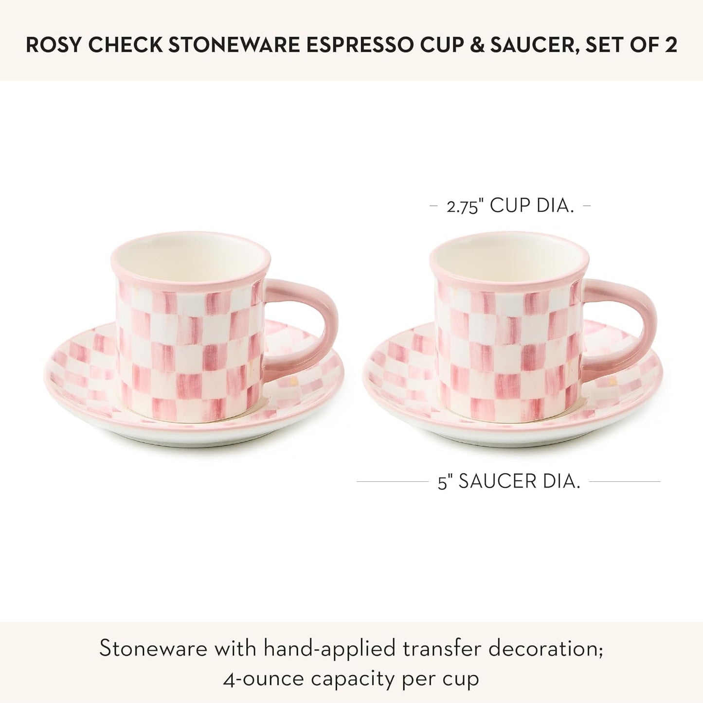MACKENZIE-CHILDS Set of 2 Stoneware Espresso Cup and Saucer, Cute Coffee Cups, Pink-and-White Rosy Check