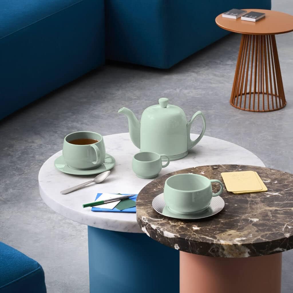 DEGRENNE Luxury French Tea Set - Porcelain Teapot Set with 2 Tea Cups, Ceramic Kettle for Loose Tea, Stainless Steel Cover, Removable Infuser - Monochrome Almond Green