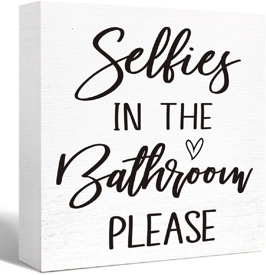 Funny Bathroom Wood Sign Selfies in the Bathroom Please Wood Block Sign for Bathroom Shelf Toilet Restroom Home Tabletop Desk Decor,Farmhouse Bathroom Wooden Box Sign