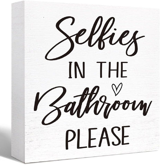 Funny Bathroom Wood Sign Selfies in the Bathroom Please Wood Block Sign for Bathroom Shelf Toilet Restroom Home Tabletop Desk Decor,Farmhouse Bathroom Wooden Box Sign