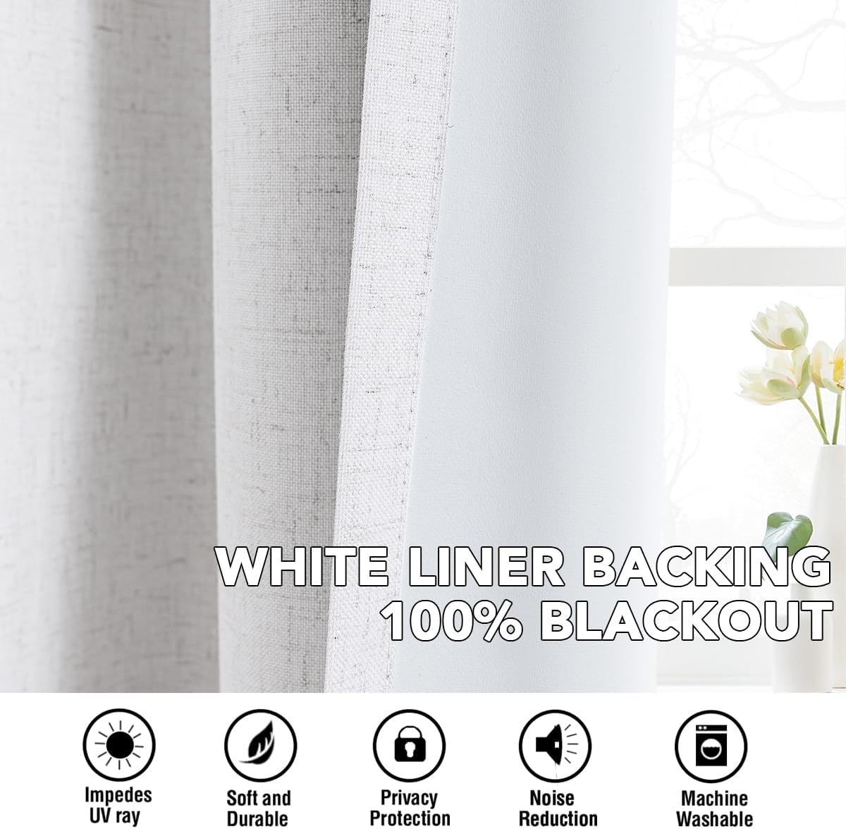 H.VERSAILTEX Linen Curtains 100% Blackout Curtains for Bedroom 63 inch Long Full Light Blocking Nature Linen Blended Window Curtains for Living Room Nickel Grommet (2 Panels, Heathered White)