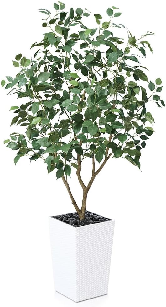 5FT Artificial Ficus Tree with White Taper Planter & Pebbles– Tall Faux Trees with UV Resistant Silk Leaves for Indoor Outdoor - Potted Fake Floor Plants for Home Office Room Decor, VN128