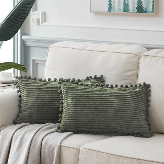 Fancy Homi 2 Pack Olive Green Lumbar Decorative Throw Pillow Covers 14x24 Inch with Pom-poms for Couch Bedroom Sofa, Soft Corduroy Solid Rectangle Cushion Case 35x60 cm, Farmhouse Boho Home Decor