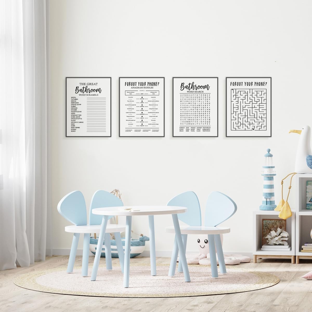 ETVISO Funny Bathroom Decor Wall Art Set of 4, Funny Crossword Puzzle Wall Art, Funny Forget Your Phone, Bathroom Word Search Wall Decor, 12x16 (Unframed)