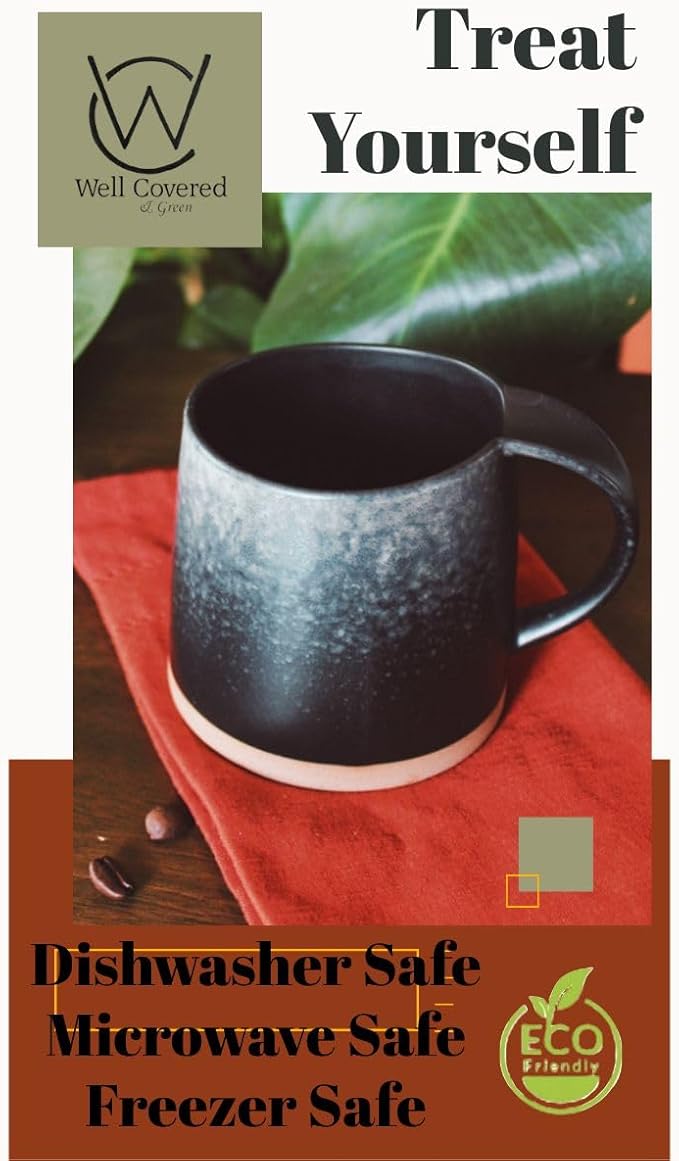 Well Covered & Green Original Day Glazed Ceramic Coffee Mug Set - 2 Vintage Japanese Style Cappucino Coffee Mugs - Stoneware Mug & Matcha Cup Gift Set - 2 x White, 12oz