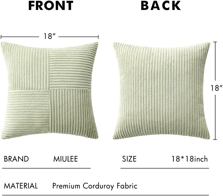MIULEE Light Green Corduroy Pillow Covers Pack of 2 Boho Decorative Spliced Throw Pillow Covers Soft Solid Couch Pillowcases Cross Patchwork Textured Cushion Covers for Living Room Bed Sofa 18x18 inch