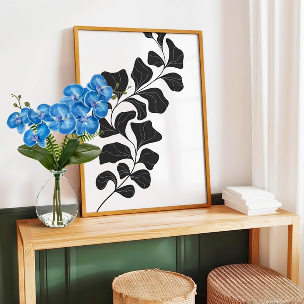 Blue Orchids Artificial Flowers, Faux Orchid in Glass Vase Real Touch Small Phalaenopsis Orchid Flowers Arrangements with Clear Vase Orchid Centerpiece for Dining Room Table