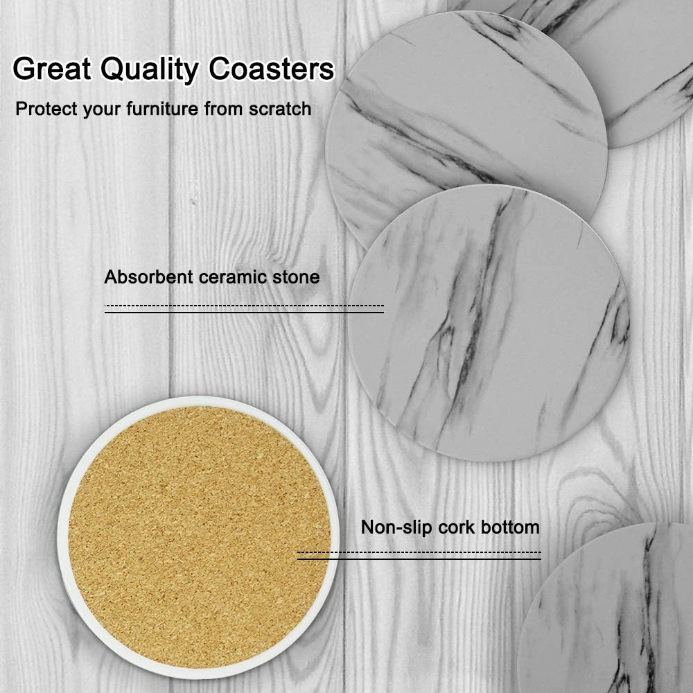 EAGMAK Set of 8 Coasters for Drinks, Absorbent Marble Style Ceramic Drink Coaster with Holder for Coffee Wooden Table Home Decor(Grey)