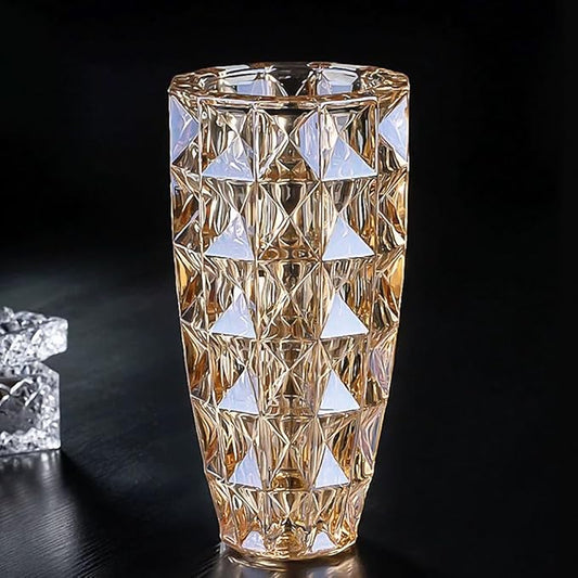 Unique Diamond-Shaped Amber Color Glass Flower Vase 11.8" Tall for Home Decor, Dining Wedding Table Office Holiday Party Centerpiece Decoration.