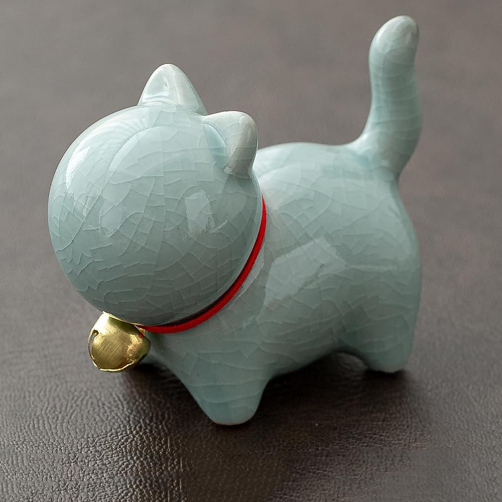 Blue Ceramic Miniature Lucky Cat Statue - Tea Pet Cat Tabletop Ornaments & Home Office Decoration