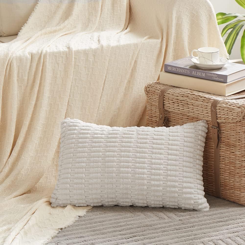Fancy Homi 4 Packs Pure White Decorative Throw Pillow Covers 14x24 Inch for Living Room Couch Bed, Rustic Modern Farmhouse Boho Home Decor, Soft Plush Corduroy Cute Accent Square Cushion Case 35x60 cm