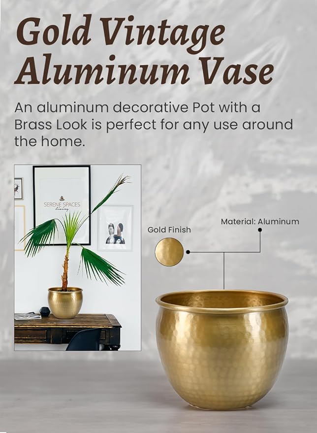 Serene Spaces Living Gold Brass Look Vintage Aluminum Vase - Perfect Decorative Accent for Plants, Weddings, and Events, Metallic Pot for Home, Medium, Measures 9" Diameter and 7" Tall
