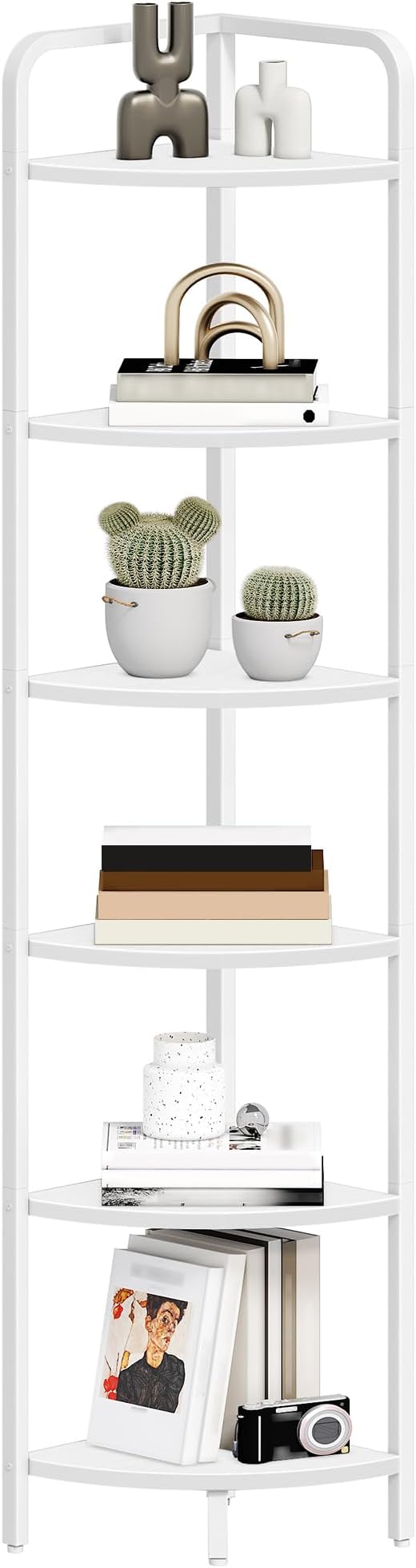 Corner Shelf Stand, Corner Bookshelf, Plant Shelf, Corner Display Rack, Standing Shelf with Metal Frame for Living Room, Bathroom, Kitchen, Industrial Style, 6 Tier White CS06613W