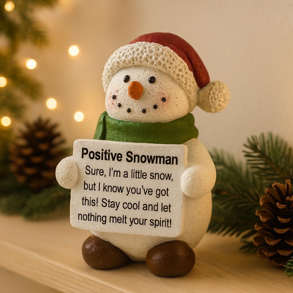 iStatue Positive Snowman Resin Figurine — Hand-Painted Mini Motivational Christmas Decor, Desk Ornament with Sign, Gift-Ready Holiday Stocking Stuffer for Home Office (Multicolor Snowman)
