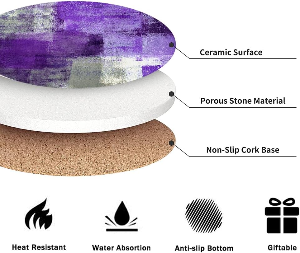 LOKMU Coasters for Drinks,Round Absorbent Ceramic Stone Coaster Sets of 6 with Metal Holder Stand,Purple and Grey Abstract Art Coasters with Cork Base for Coffee Wooden Table,Housewarming Gifts