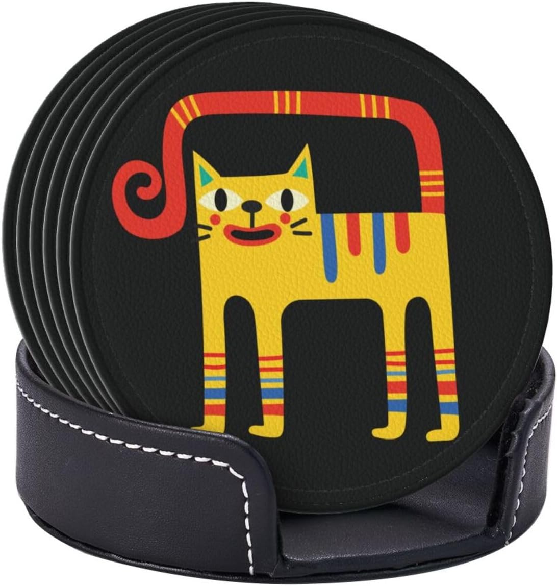 Cute Colorful Cat Leather Drink Coasters Set of 6 with Holder Round Cup Coaster for Table Decor