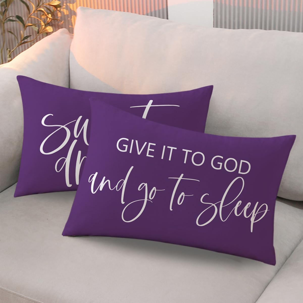 Bedding Decorative Pillowcases Reversible Give It to God and Go to Sleep Cushion Covers Sleep Themed Throw Pillow Covers 12''x20'' for Bedroom Guest Room Housewarming Gifts (Purple)