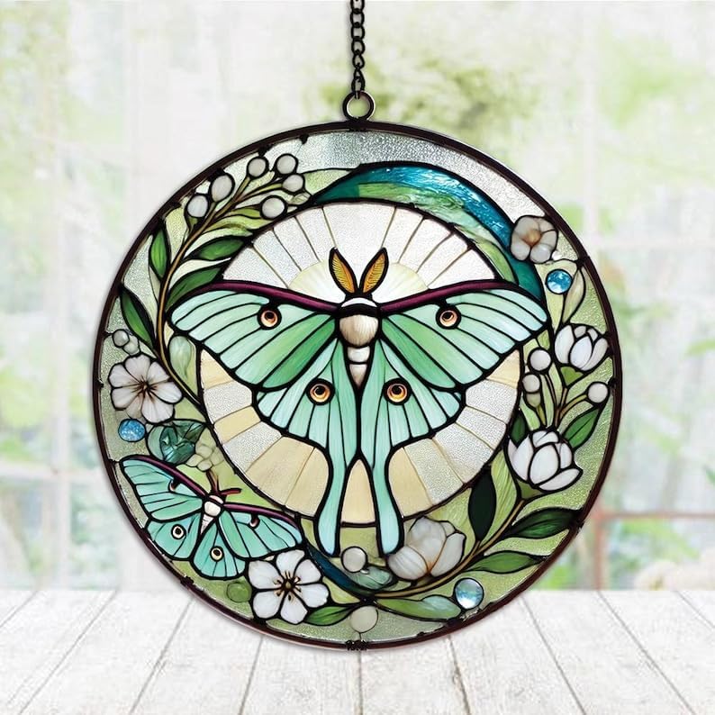 Luna Moth Butterfly Suncatcher Stained Effect Acrylic Window Hanging Memorial Sympathy Gift Loss of Dad Mom Suncatchers for Windows Indoor Decorations