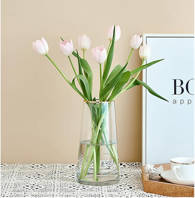 Moden Trapezoid Glass Vase with Gold Mouth for Centerpieces Home Wedding Decoration (1, Small 4.7" x 8.7")