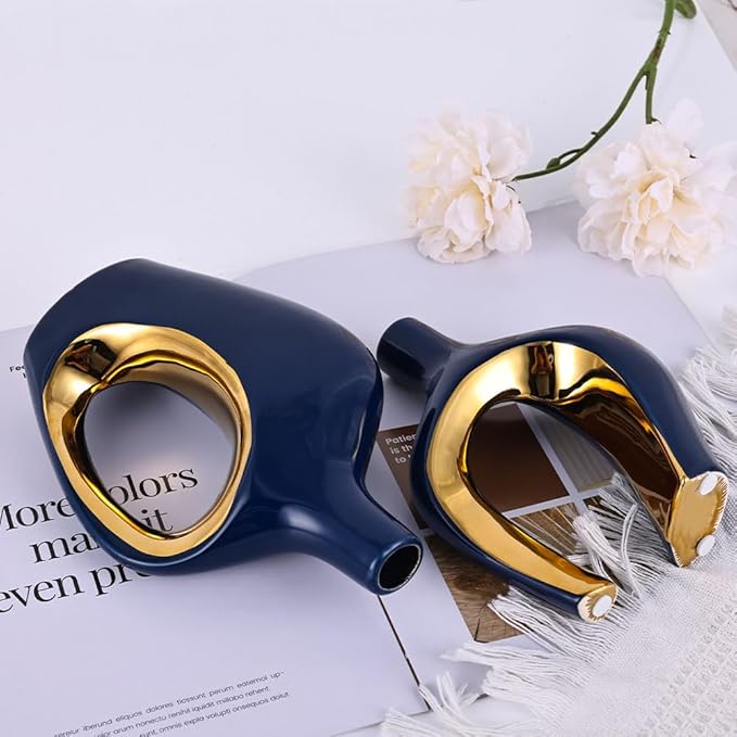 Blue Hollow Ceramic Vases Set of 2 - Modern Nordic Boho ins Style Vases for Decor, Decorative Pampas Grass Flower Vases for Wedding, Living Room, Office, Entrance, Dining Table Decor Centerpieces