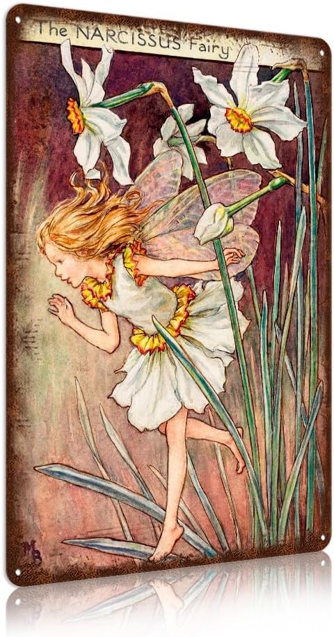 Flower Fairy Wall Decor Vintage Metal Tin Signs Fairy Garden Accessories - The Narcissus