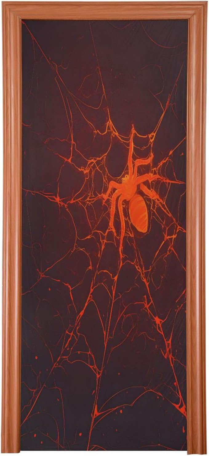 Halloween Door Cover Cool Red Spider Web Hand Drawn Banner Decoration 79 * 35 inch for Front Doors Wall Party Decor