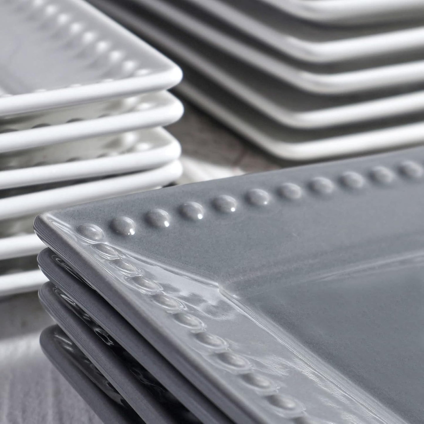 Embossed Appetizer and Dessert Plates, Set of 4, 6 inch Grey Square Dinner Plates for Snack and Restaurant, Dishwasher, Microwave Safe