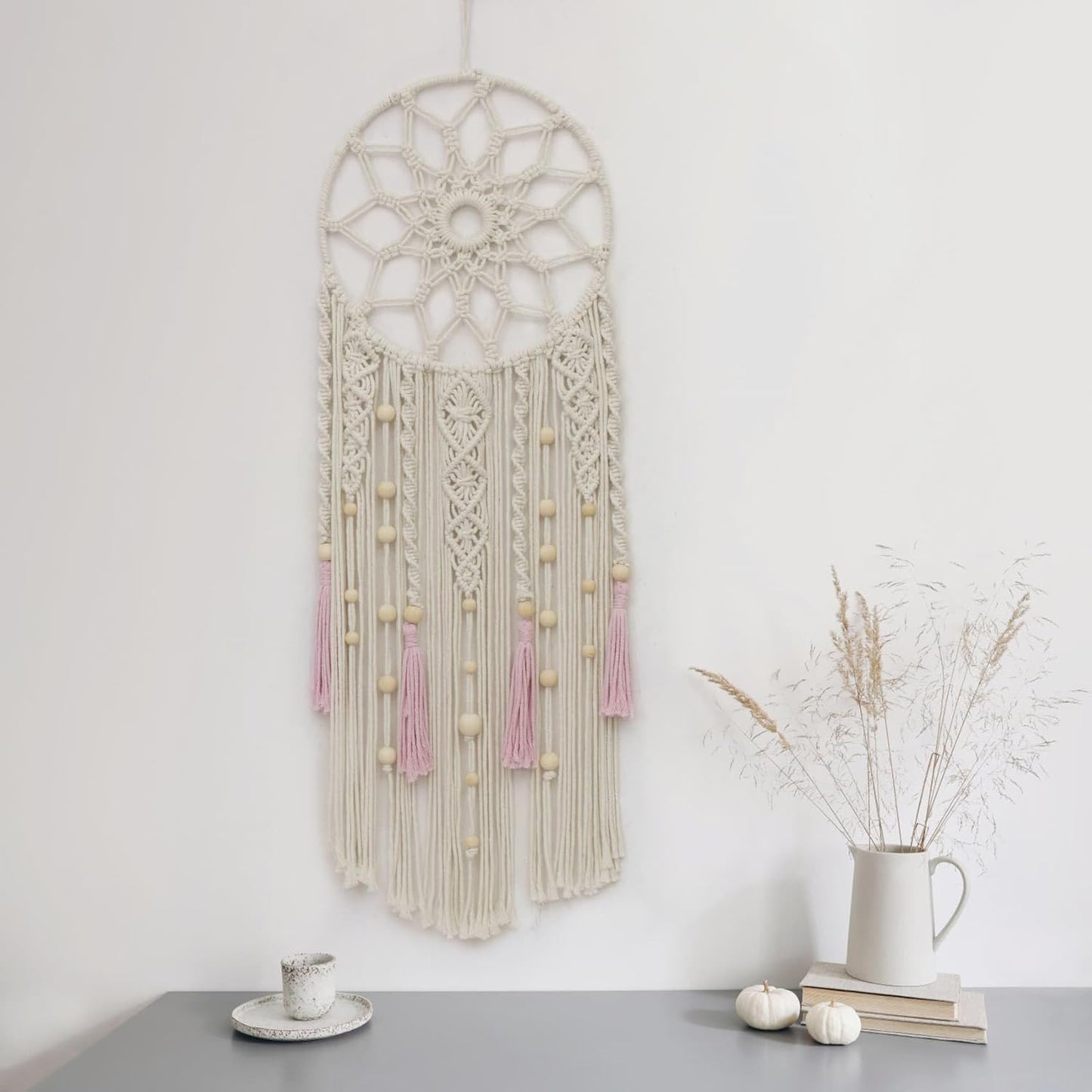 LB Boho Flower Macrame Wall Hanging Pink and Beige Dream Catcher Handmade Woven Cotton Tapestry with Wood Beads Modern Aesthetic Wall Art Decor for Home, Bedroom, Living Room