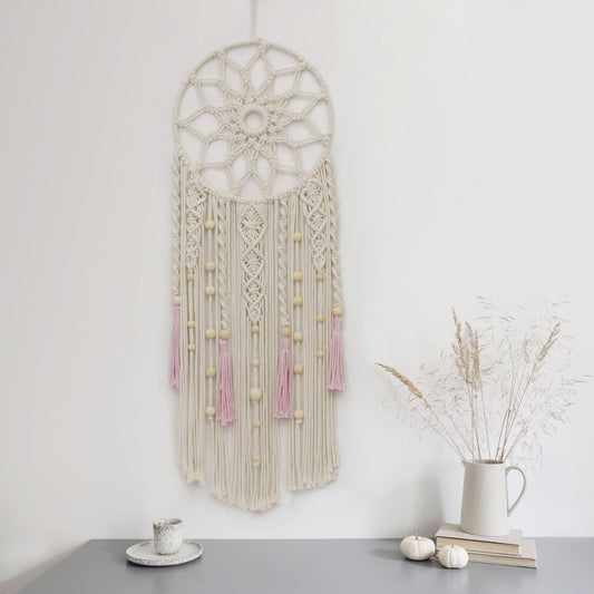 LB Boho Flower Macrame Wall Hanging Pink and Beige Dream Catcher Handmade Woven Cotton Tapestry with Wood Beads Modern Aesthetic Wall Art Decor for Home, Bedroom, Living Room