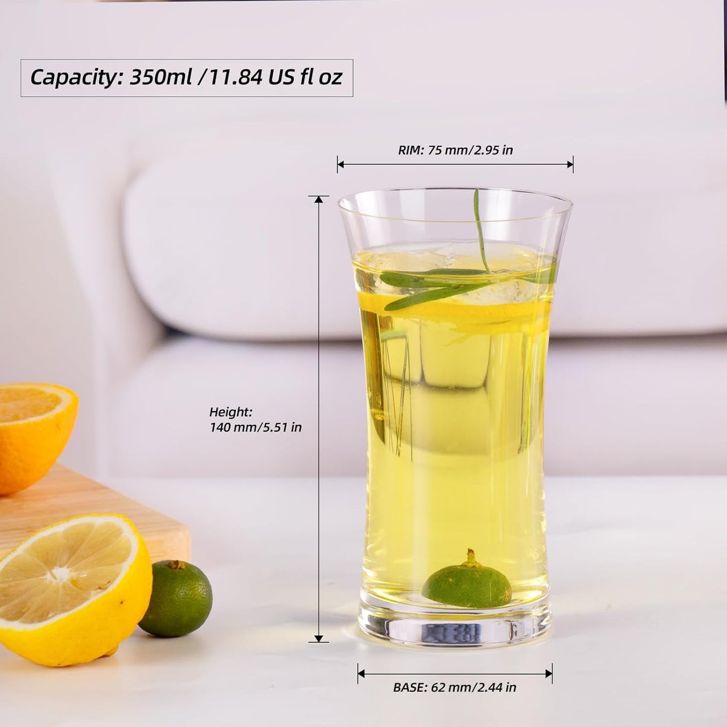 KAMMAK Drinking Glasses Set of 2, 11.8oz Crystal Water Glasses, Everyday Tall Glass Cups, Highball Glass for Cocktail, Juice, Mojito, Iced Tea, Kitchen and Bar Glassware Gifts, Collins Glasses