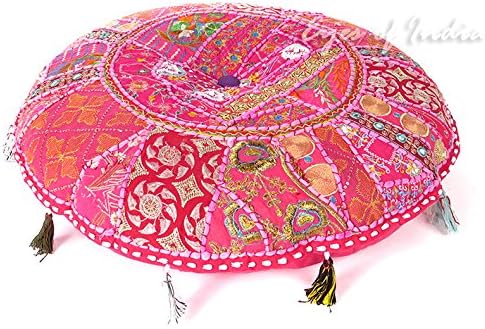 Eyes of India Round Floor Seating Meditation Patchwork Pillow Cushion Cover Colourful Decorative Throw Indian Bohemian Accent Boho Chic Handmade Cover Only (Pink, 17" x 17")