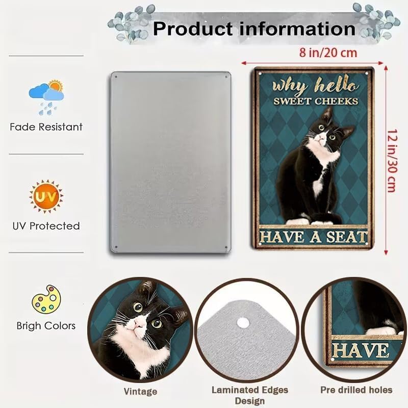 Funny Tuxedo Cat Bathroom Sign Why Hello Sweet Cheeks Tin Sign for Bathroom Toilet Wall Decor 12 x 8 Inch (3003)