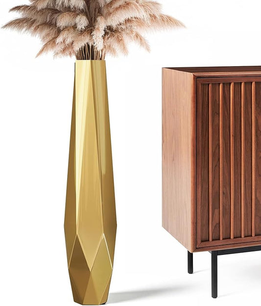 Tall Vases - 27.5" Tall Floor Vase for Home Decor, Resin Floor Vase with Handmade Dimensional Geometric Style, Fits Into Hay/Pampas Grass, Boho Living Room Decor (Gold)