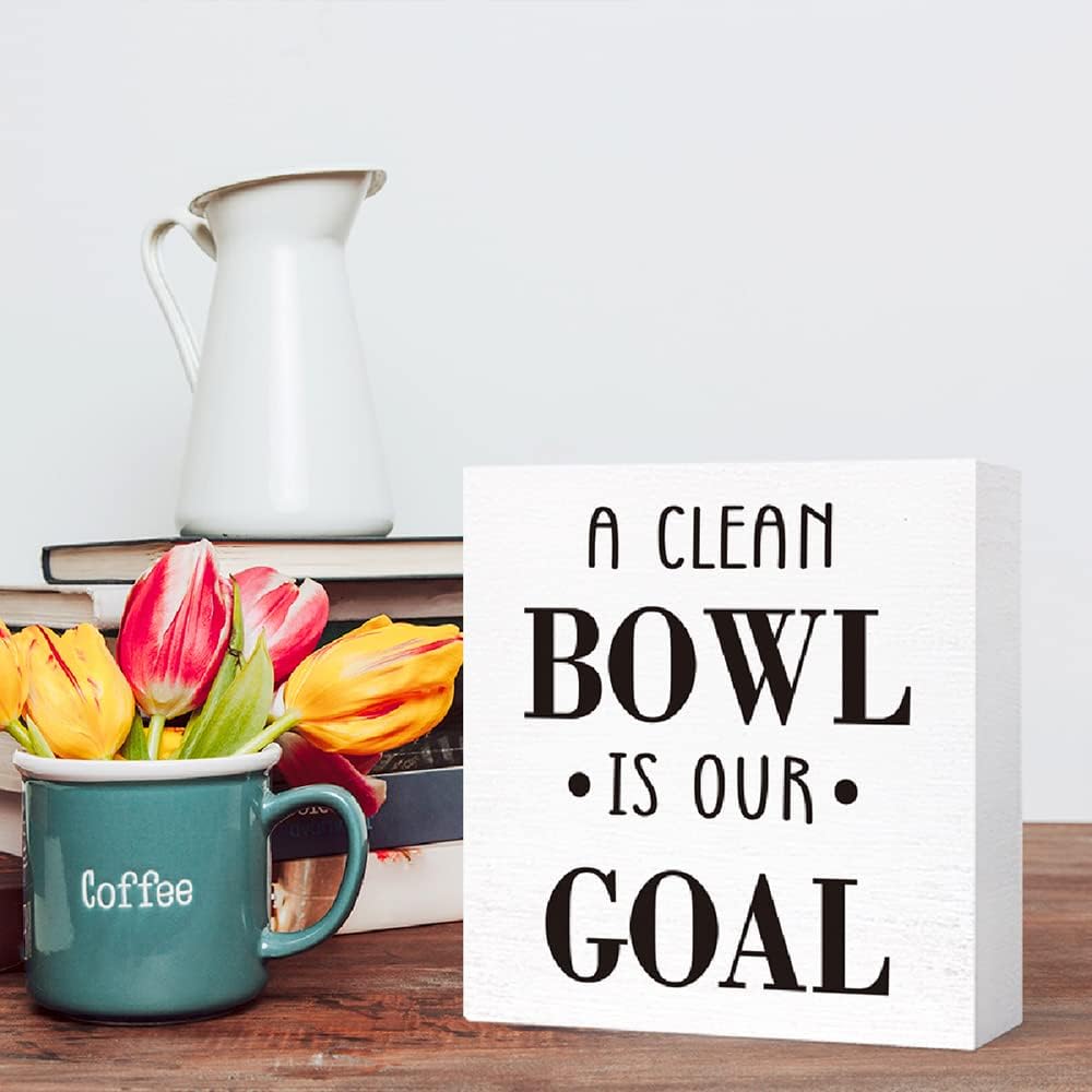 Funny Bathroom Wood Sign a Clean Bowl is Our Goal Wood Block Sign for Bathroom Shelf Toilet Restroom Home Tabletop Desk Decor,Farmhouse Bathroom Wooden Box Sign