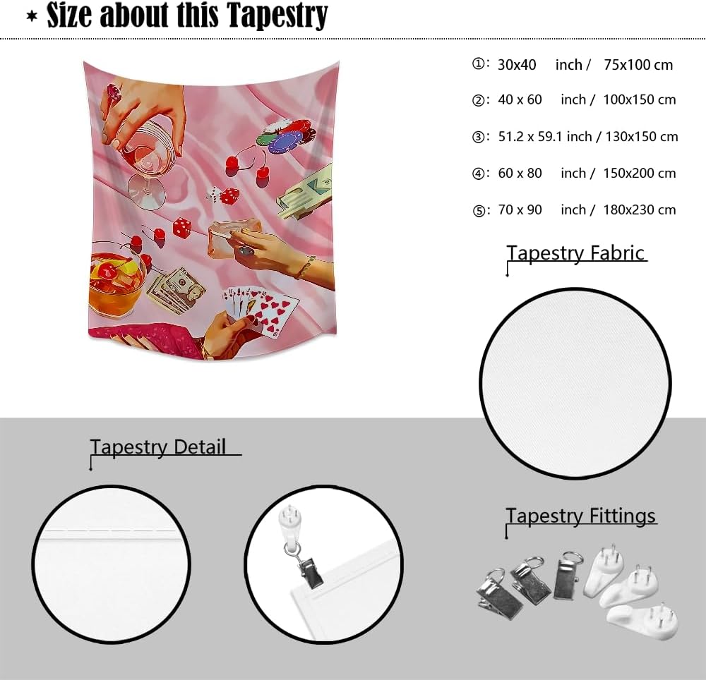 Medpol Retro Casino Night Tapestry Pink Poker Dice Cocktail Wall Hanging Vintage Gambling Aesthetic Decor Tapestries Unique Boho Home Accent Piece for Bedroom Living Room 60x80inch