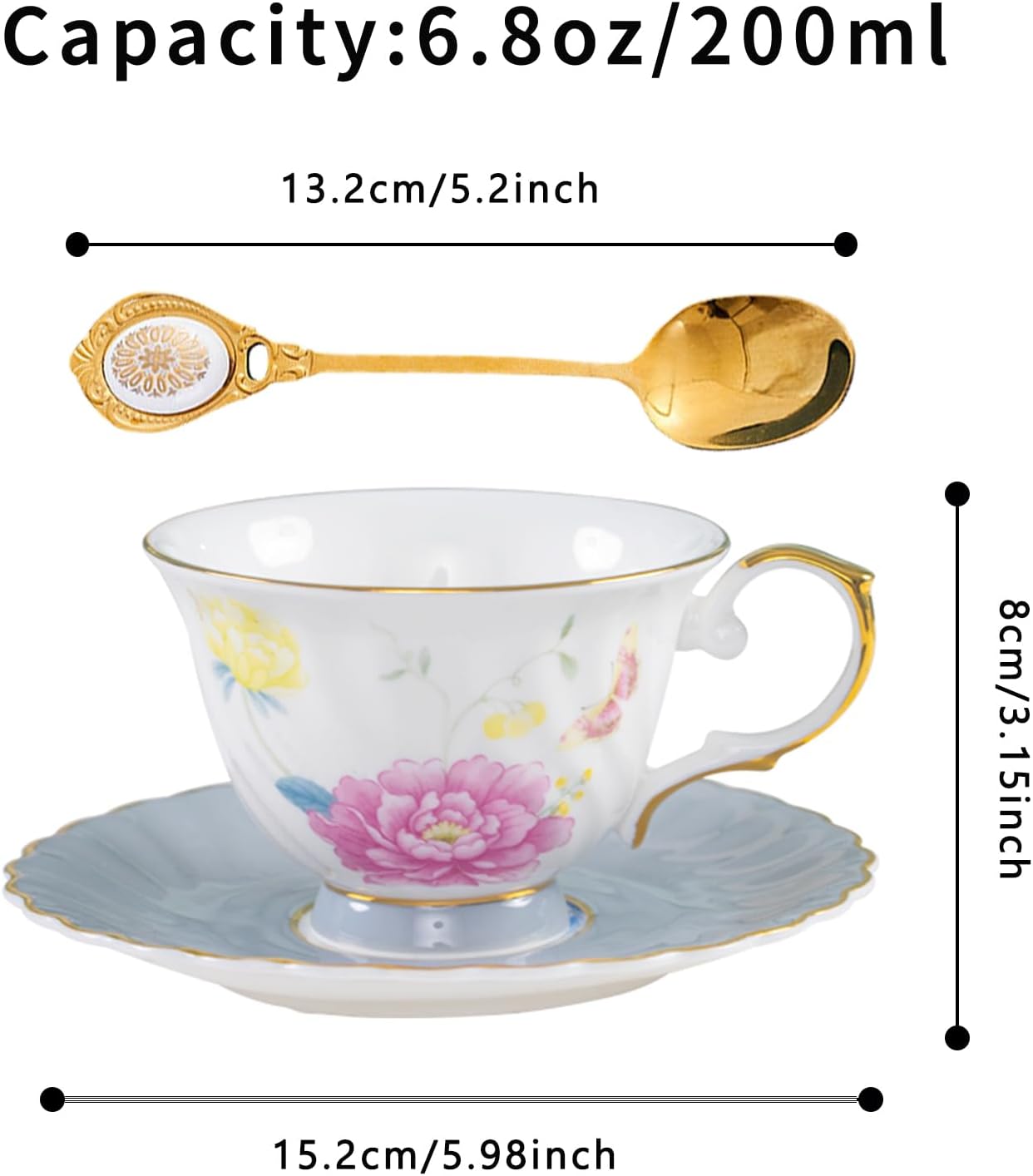 Floral Tea Cup and Saucer Set, Vintage Cup with Gold Trim, Bone China Coffee Cup with Saucer and Spoon, Ceramic Food Grade Mug for Women, Tea Party, Gifts Giving, 6.8 oz