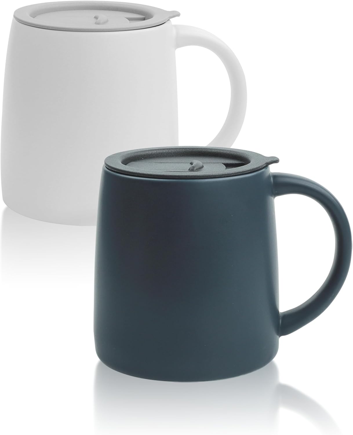 Classic Mug, 14 oz Large Coffee Mug with Handle, Ceramic Porcelain Tea Cup, Smooth Matte (Sliding Lid, Set of 2, White and Navy Blue)
