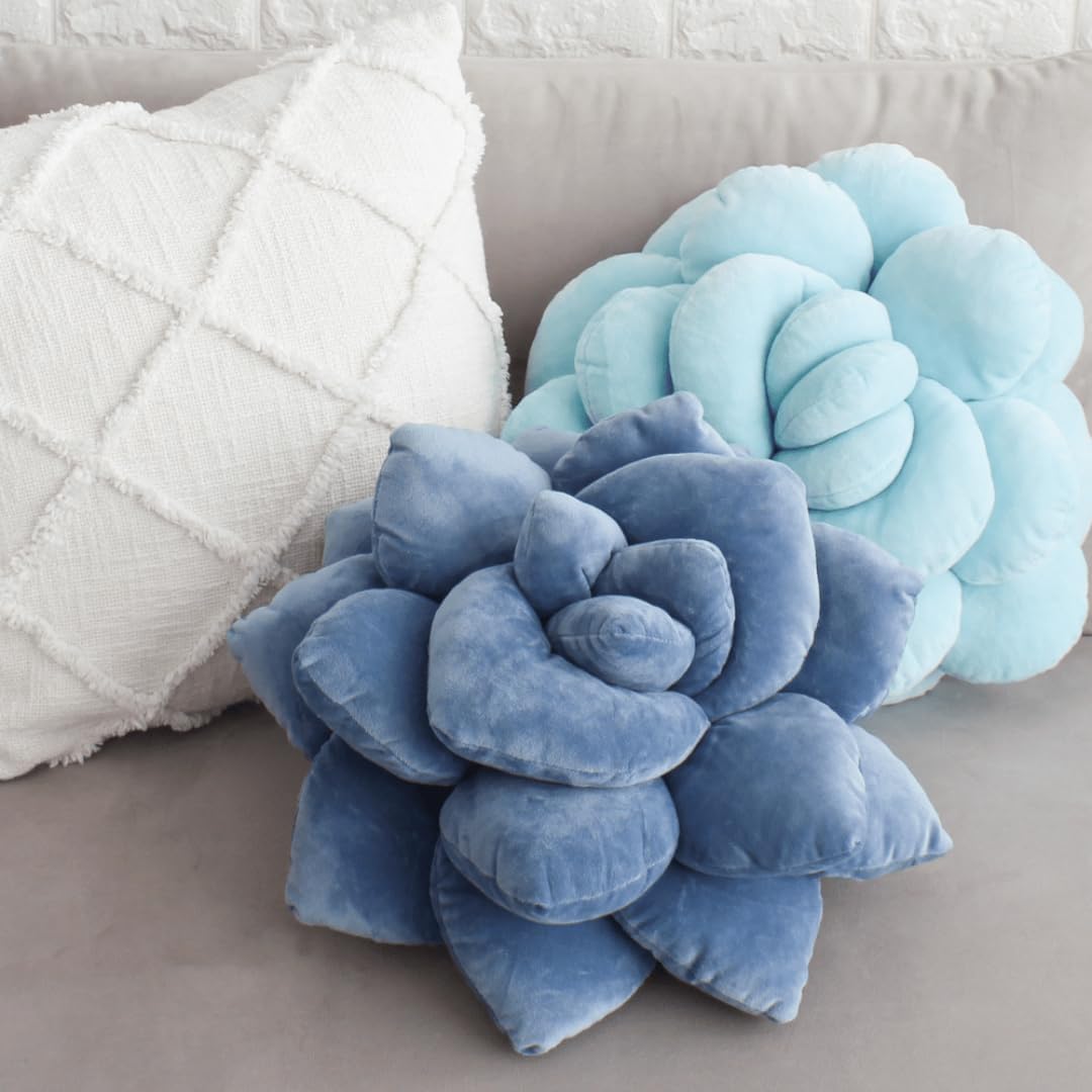 Green Philosophy Co. Succulent® Pillow 16" – Soft 3D Decorative Flower Throw Pillow, Unique Smokey Blue Plush Flower Cushion, Perfect for Couch, Sofa, Bedroom Decor, Gift for Plant Lovers