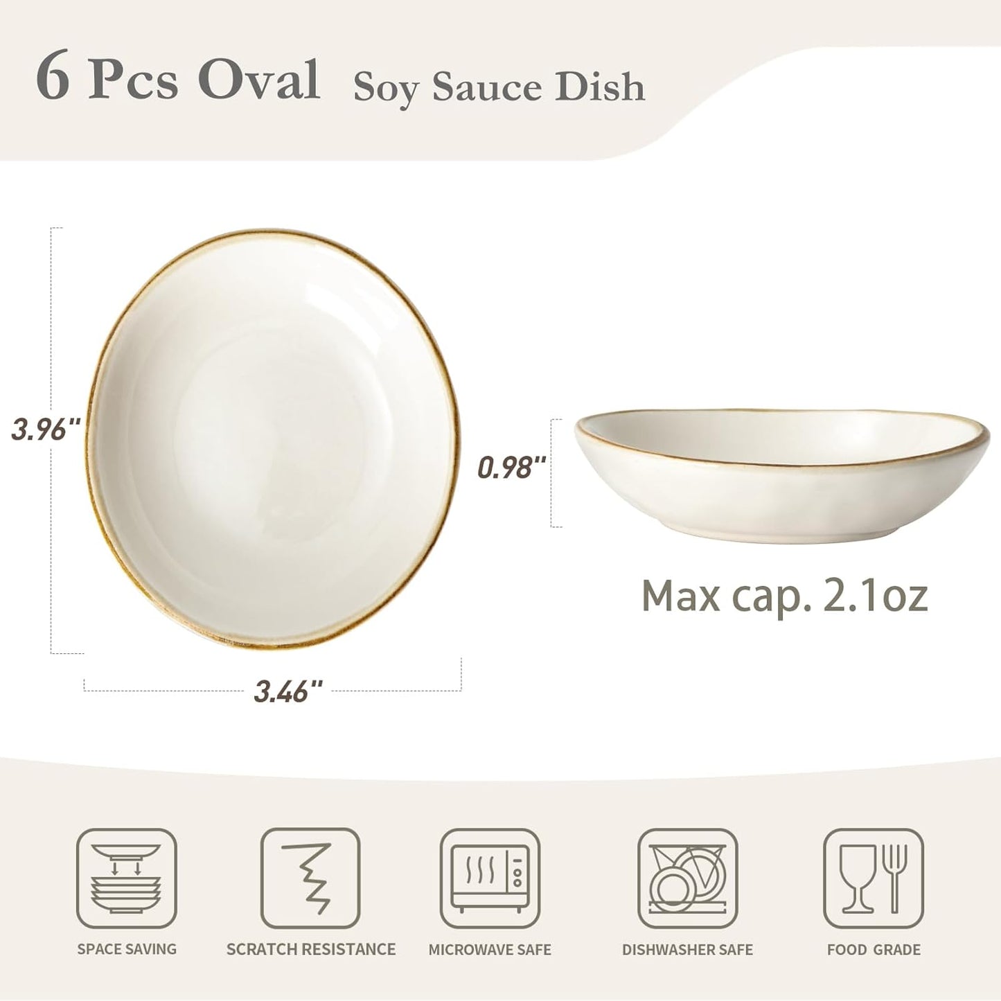 famiware Ocean Soy Sauce Dishes of 6, Oval Dipping Sauce Cups/Bowls/Dishes for Kitchen, 2.1oz Ceramic Small Bowls for Side Dish, Appetizers, Snacks, and Sushi, Dishwasher Safe, Vanilla White