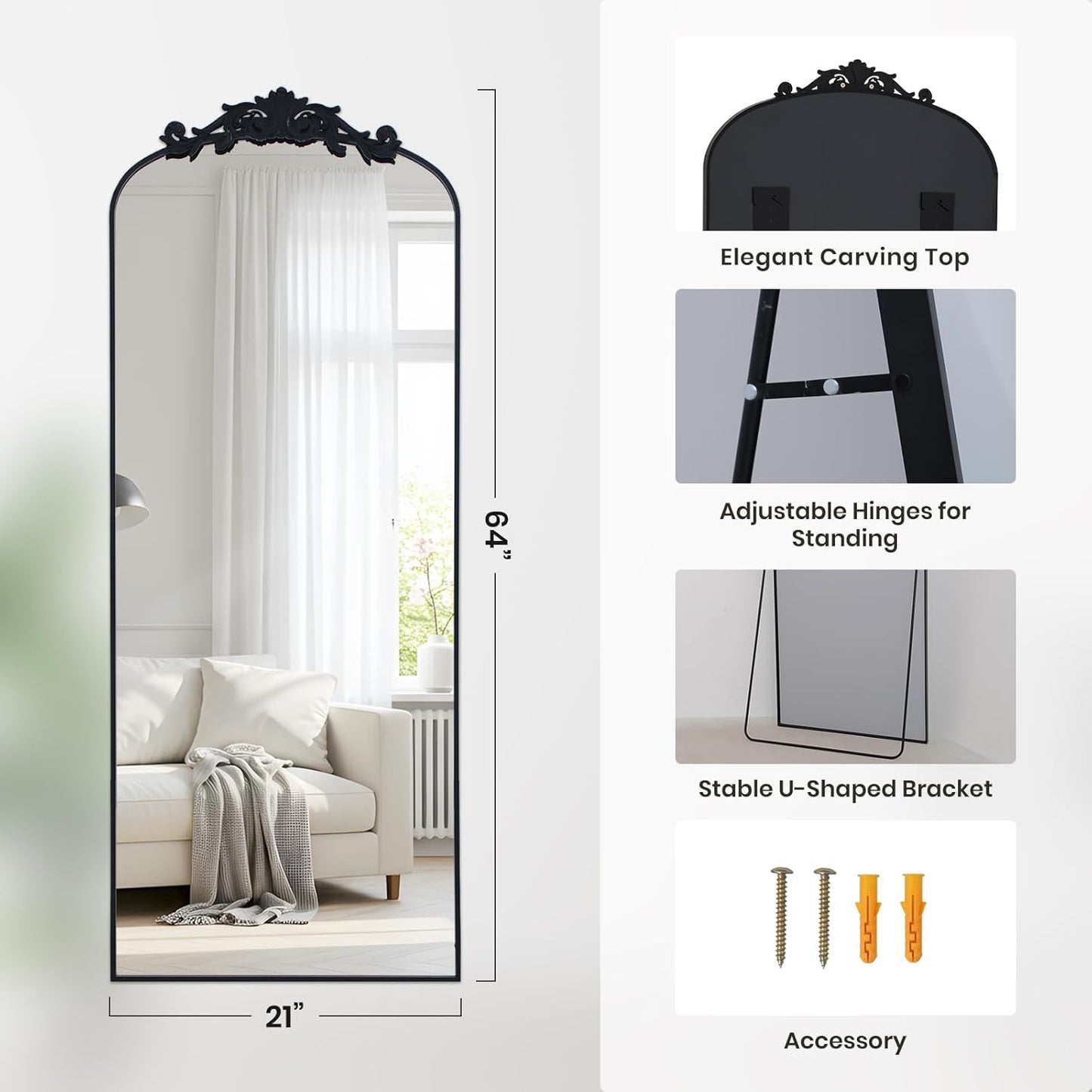 Filigree Floor Mirror 64"x21" Full Length Mirror Freestanding with Vintage Ornate Carved Applique Full Body Hanging Wall Mounted Mirror for Living Room Bedroom Retro Home Decor, Black